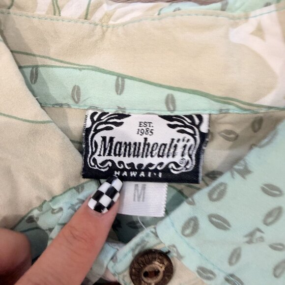 Manuhealii Mens Medium Tan Mint Green Short Sleeve Pullover Aloha Shirt - Picture 3 of 7